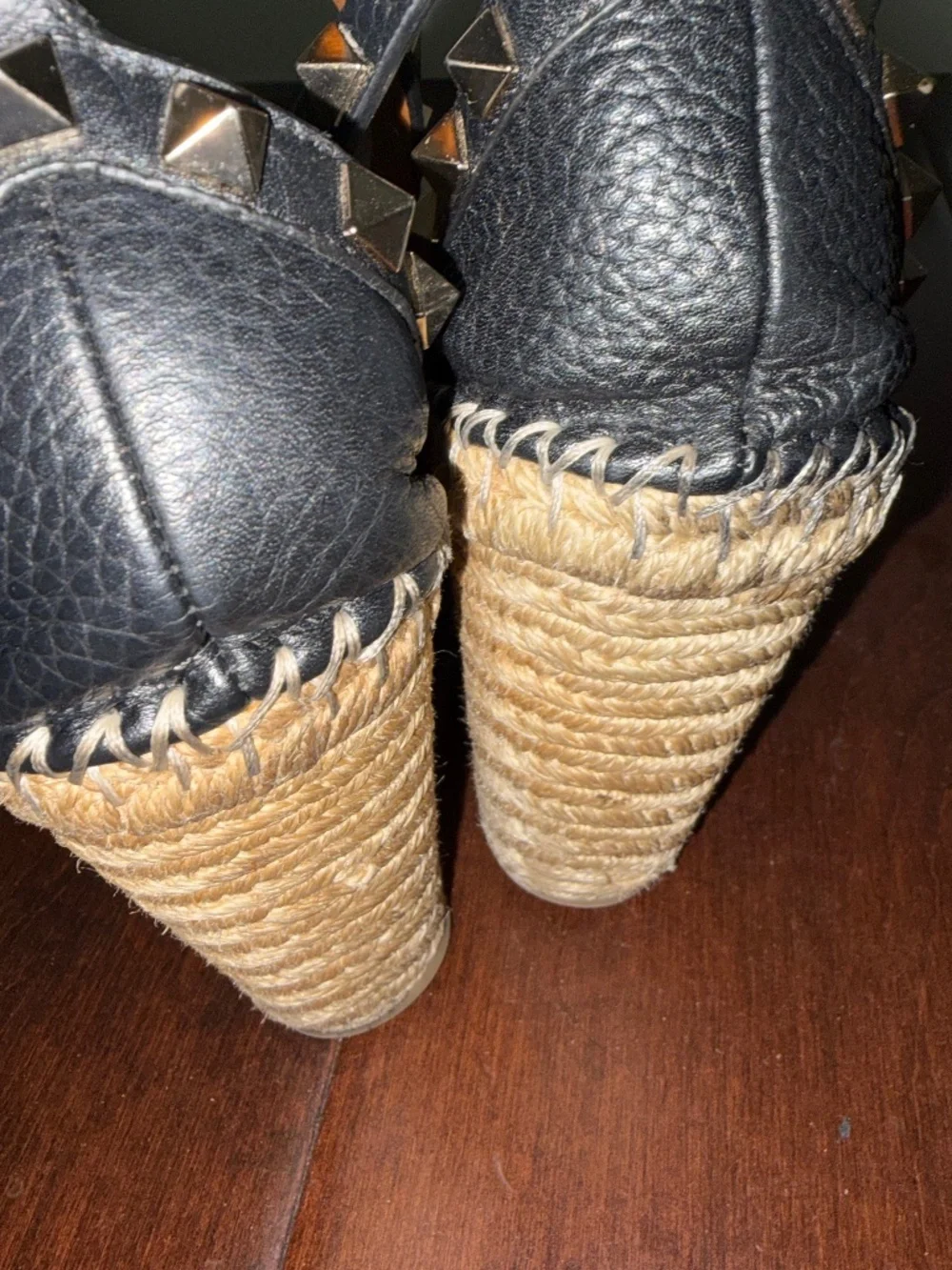 Valentino Garavani Black Leather Studded Espadrille Wedges